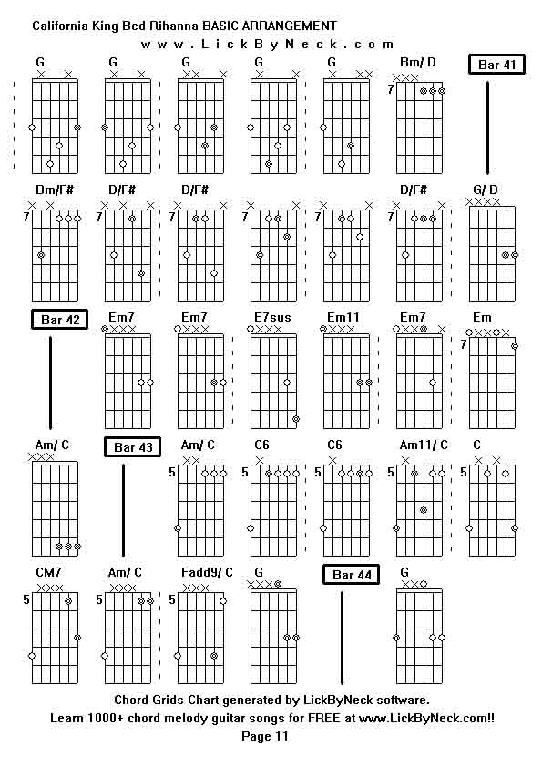 Chord Grids Chart of chord melody fingerstyle guitar song-California King Bed-Rihanna-BASIC ARRANGEMENT,generated by LickByNeck software.